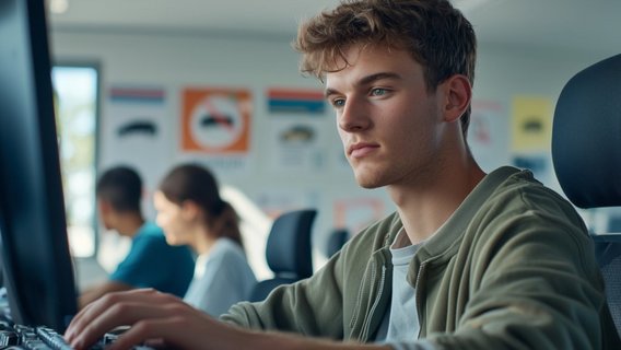 Theoretische Führerscheinprüfung am Computer Person bei der theoretischen Führerscheinprüfung am Computer