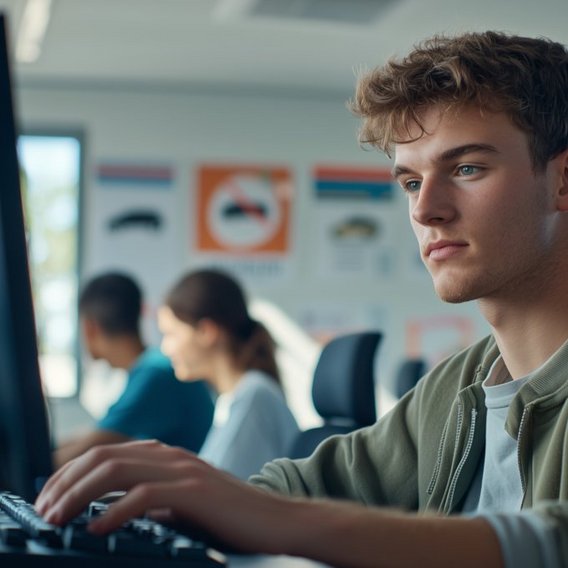 Theoretical driving licence test Person bei der theoretischen Führerscheinprüfung am Computer