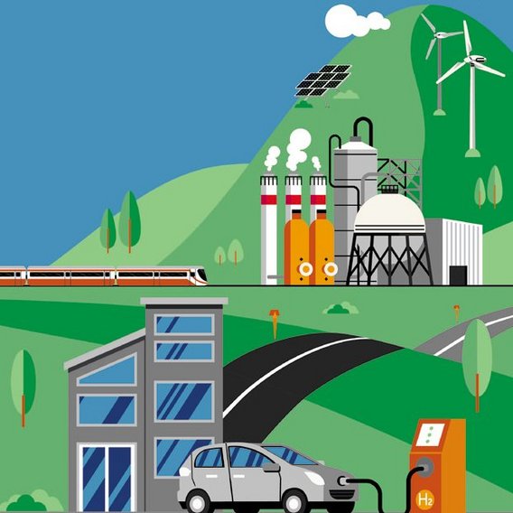 hydrogen A stylized illustration of a hydrogen-powered car refueling, with renewable energy sources like wind turbines and solar panels in the background.