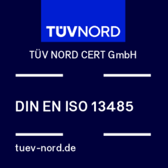 TÜV NORD conformity mark for DIN EN ISO 13485 TÜV NORD conformity mark for DIN EN ISO 13485, confirming compliance with quality management standards for medical devices