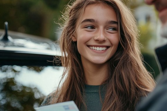 Driving licence at 17 17-jährige Fahrschülerin bei der Führerscheinprüfung mit Dokumenten
