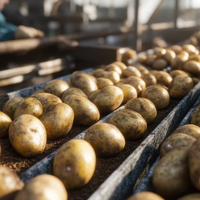 Kartoffeln aus landwirtschaftlicher Produktion auf Laufband Symbolbild Global G.A.P.