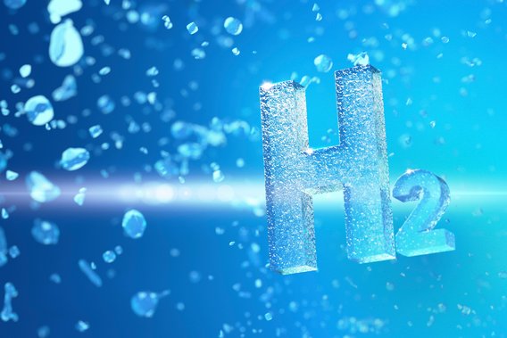 TUEV NORD Wasserstoff Eigenschaften H2 als Buchstaben vor futuristisch bläulichem Hintergrund