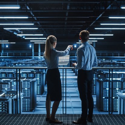 Eine Frau und ein Mann besprechen mit Laptop in der Hand die digitale Infrastruktur in einem weitläufigen Rechenzentrum voller Serverracks. Blick ins Rechenzentrum – Planung digitaler Infrastruktur