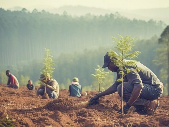 Arbeiter:innen pflanzen Bäume im Rahmen eines Wiederaufforstungsprojekts für den Klimaschutz. Arbeiter:innen pflanzen Bäume im Rahmen eines Wiederaufforstungsprojekts für den Klimaschutz.