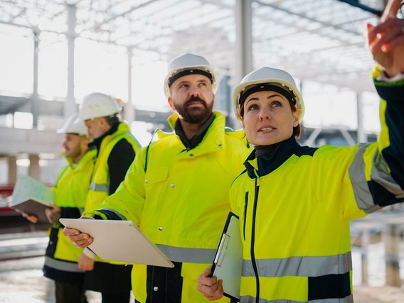 Vier Arbeiter:innen mit Helmen