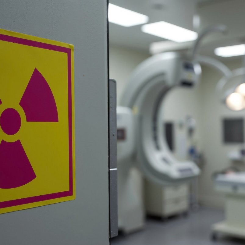 Strahlenschutz in der Radiologie – Warnschild vor einem Röntgenraum Warnschild für ionisierende Strahlung an der Tür eines medizinischen Röntgenraums