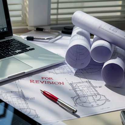 DIMy Arbeitsplatz Zeichnungen Schreibtisch mit technischen Zeichnungen