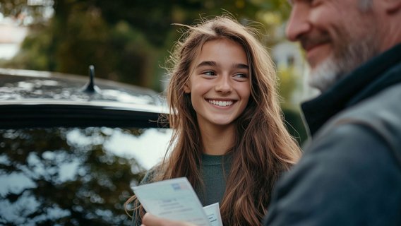 Dokumentenüberprüfung bei der Führerscheinprüfung 17-jährige Fahrschülerin bei der Führerscheinprüfung mit Dokumenten