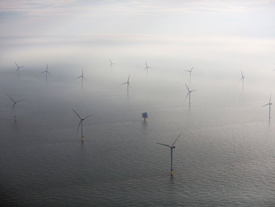 Luftaufnahme eines Offshore-Windparks mit zahlreichen weißen Windkraftanlagen, die gleichmäßig über die graue Meeresoberfläche verteilt sind.