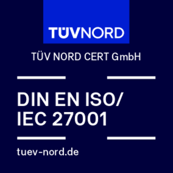 Prüfzeichen der DIN EN ISO/ IEC 27001 der TÜV NORD CERT GmbH