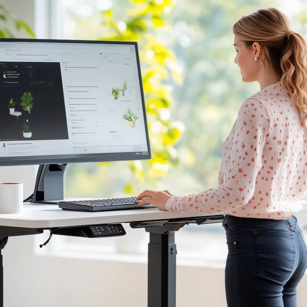 Frau arbeitet an einem Stehschreibtisch als Maßnahme für betriebliches Gesundheitsmanagement (BGM) durch den TÜV NORD.