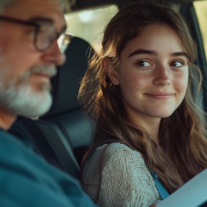 Praktische Führerscheinprüfung Fahrprüfung im Auto mit Fahrprüfer und Fahrschülerin