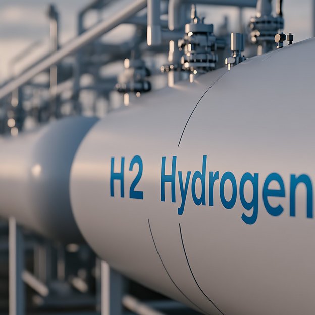 Wasserstoff-Pipeline – TÜV NORD begleitet die sichere H2-Infrastruktur Nahaufnahme einer Wasserstoff-Pipeline mit der Aufschrift "H2 Hydrogen" im Industrieumfeld