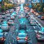 Stadtverkehr mit Autos, die durch digitale Netzwerksymbole verbunden sind.