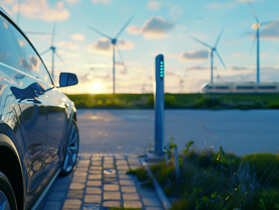 Elektroauto-Ladestation mit Windkraftanlagen im Hintergrund Elektroauto an einer Ladestation mit Windkraftanlagen im Hintergrund