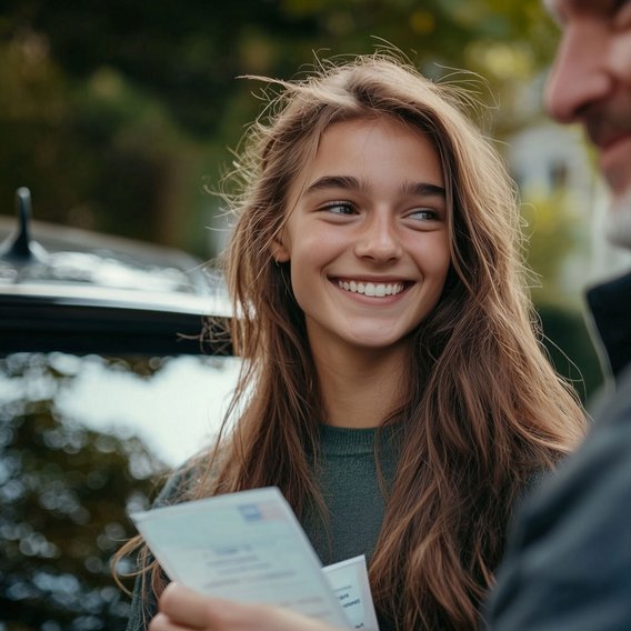 Führerschein mit 17 17-jährige Fahrschülerin bei der Führerscheinprüfung mit Dokumenten