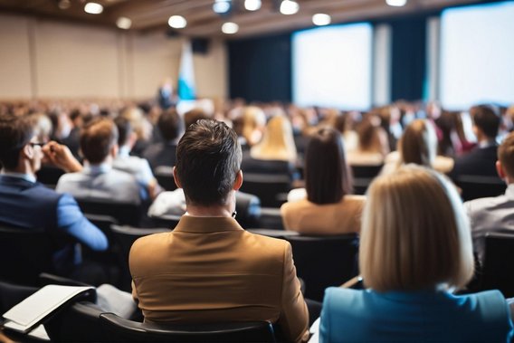 Symposium Teilnehmende verfolgen eine Präsentation bei einem Symposium im Konferenzsaal.