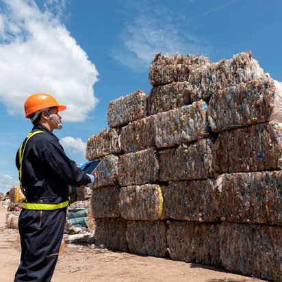 officer in safety clothing stands next to a pile of rubbish An officer in safety clothing stands next to a pile of rubbish with a tablet in his hands.
