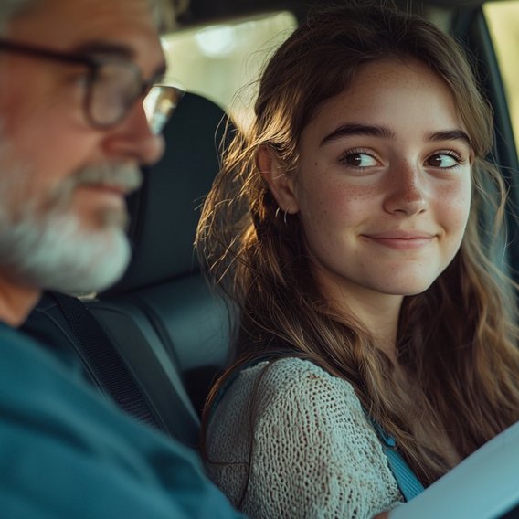 Praktische Prüfung Fahrprüfung im Auto mit Fahrprüfer und Fahrschülerin