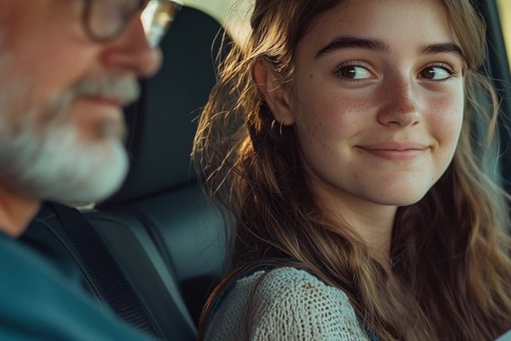 Practical exam Fahrprüfung im Auto mit Fahrprüfer und Fahrschülerin