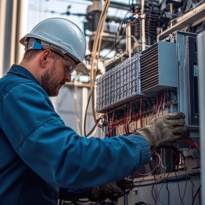 Wartungsarbeiten am Schaltschrank in industrieller Produktionsanlage. Techniker mit Helm arbeitet an einem Schaltschrank in einer Industrieanlage.