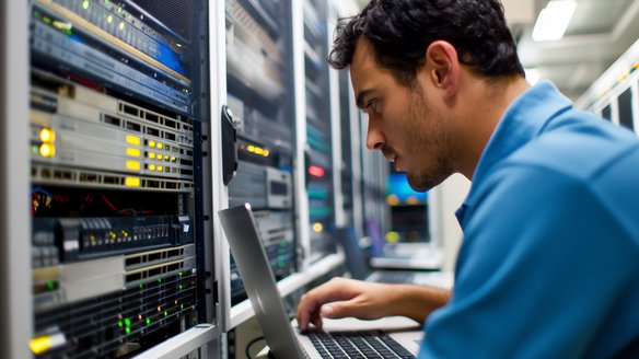 Serverwartung und Netzwerktechnik im modernen Rechenzentrum. Techniker arbeitet mit Laptop an Servern in einem Rechenzentrum.