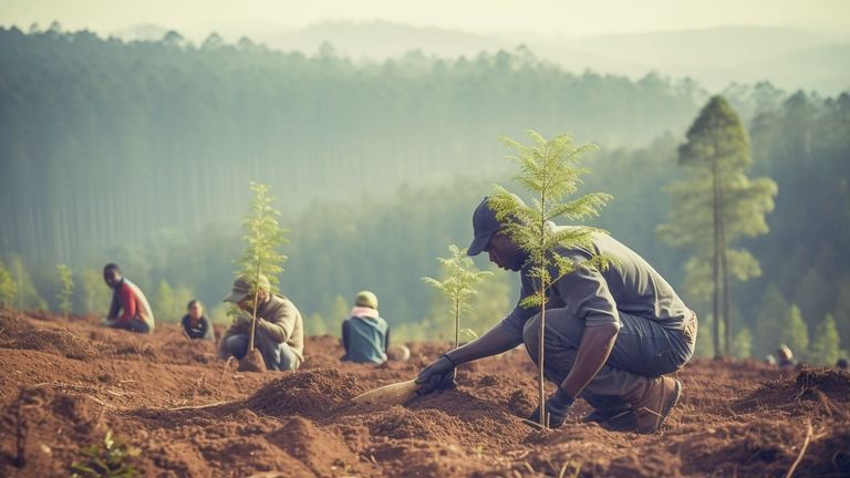 Group of people planting young trees