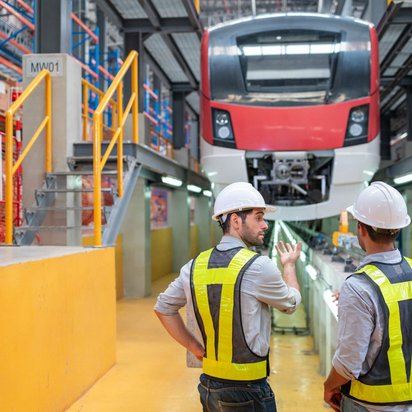 Zuginspektion bei TÜV NORD Prüfingenieure bei der Inspektion eines Zuges