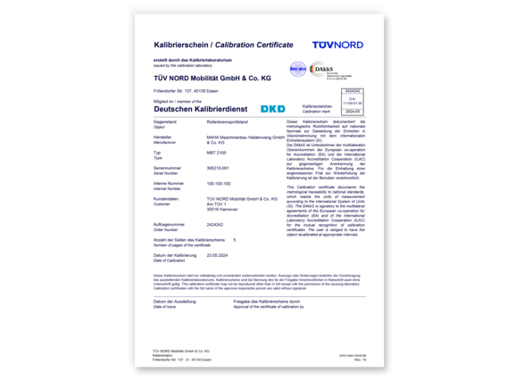 Muster-Kalibrierschein vom IFM der TÜV NORD Mobilität Muster-Kalibrierschein vom IFM der TÜV NORD Mobilität