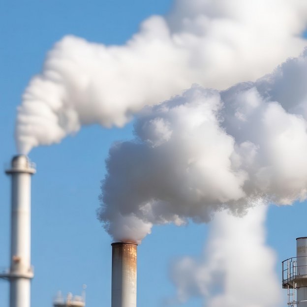 Industrieller Schornstein mit Emissionen – Luftqualität und Umweltüberwachung Schornstein mit weißem Rauch vor blauem Himmel – Symbol für Emissionen aus Industrieanlagen