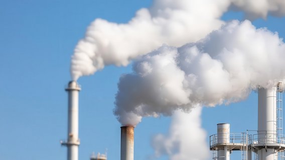 Industrieller Schornstein mit Emissionen – Luftqualität und Umweltüberwachung Schornstein mit weißem Rauch vor blauem Himmel – Symbol für Emissionen aus Industrieanlagen