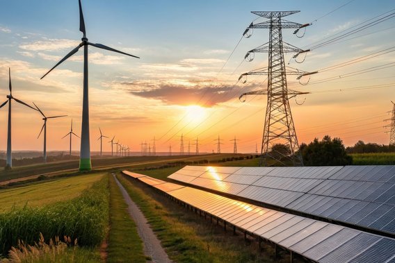 Erneuerbare Energien: Wind, Solarstrom, Netze Solaranlagen, Windräder und Strommasten bei Sonnenuntergang auf einem Feld