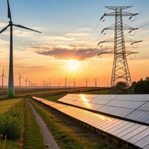 Erneuerbare Energien: Wind, Solarstrom, Netze Solaranlagen, Windräder und Strommasten bei Sonnenuntergang auf einem Feld