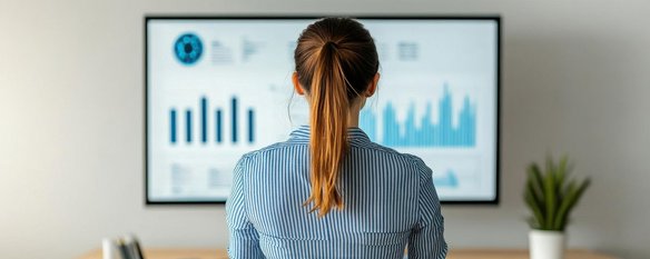 Visuelle Datenanalyse zur Entscheidungsunterstützung. Frau betrachtet eine große Bildschirmanzeige mit blauen Diagrammen und Datenvisualisierungen.