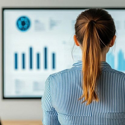 Visuelle Datenanalyse zur Entscheidungsunterstützung. Frau betrachtet eine große Bildschirmanzeige mit blauen Diagrammen und Datenvisualisierungen.