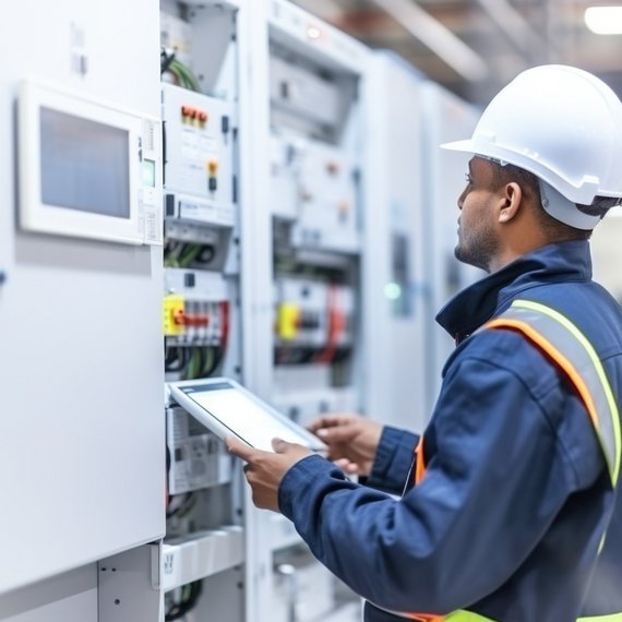 TÜV NORD-VdS-Prüfung Eine Elektrofachkraft mit Helm und Arbeitsschutzkleidung prüft einen Schaltschrank in einem Industriebetrieb.