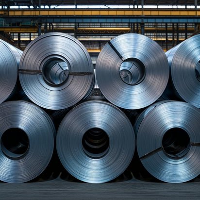 Mehrere aufgerollte Stahlbleche lagern in einer Fabrikhalle, bereit für die Weiterverarbeitung in der Metallindustrie Mehrere aufgerollte Stahlbleche lagern in einer Fabrikhalle, bereit für die Weiterverarbeitung in der Metallindustrie