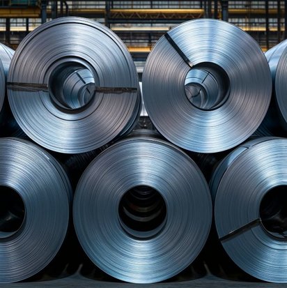 Mehrere aufgerollte Stahlbleche lagern in einer Fabrikhalle, bereit für die Weiterverarbeitung in der Metallindustrie Mehrere aufgerollte Stahlbleche lagern in einer Fabrikhalle, bereit für die Weiterverarbeitung in der Metallindustrie