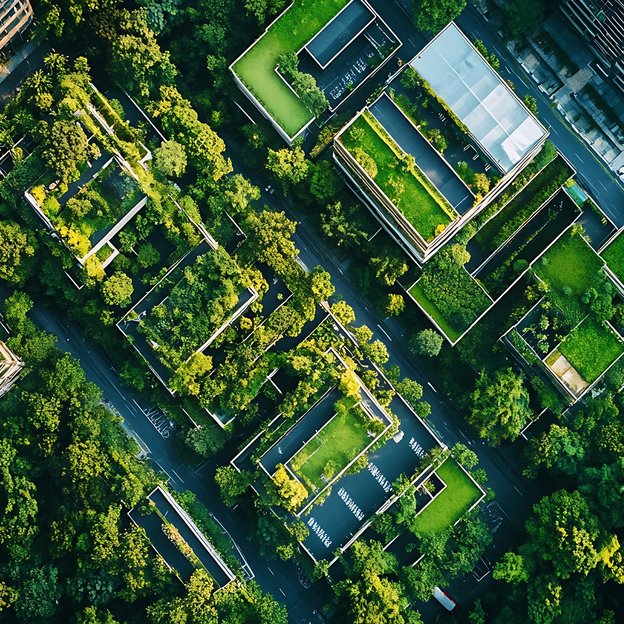 Grüne Stadtquartiere aus der Luftperspektive Luftaufnahme moderner Gebäude mit begrünten Dächern inmitten urbaner Bäume