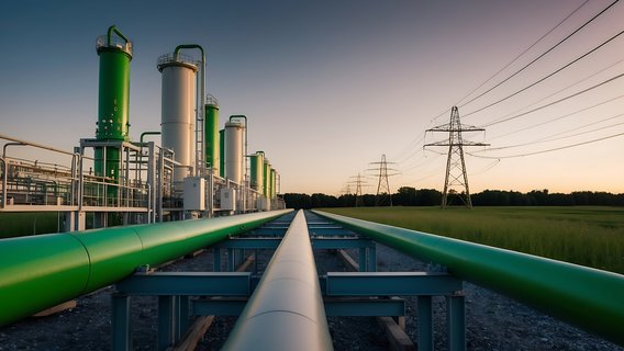 Grüne Wasserstoffinfrastruktur mit Pipelines und Energieanlagen Grüne Pipelineanlagen für Wasserstoff vor Energieinfrastruktur und Stromleitungen bei Sonnenuntergang