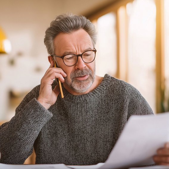 Dokumentenprüfung am Tisch Älterer Mann liest Dokumente am Tisch