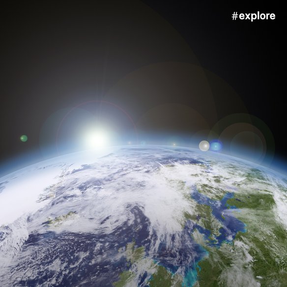 Sonnenaufgang über der Erde Eine beeindruckende Ansicht der Erde aus dem Weltraum, bei der die Sonne am Horizont aufgeht. Die Erdoberfläche ist teilweise von Wolken bedeckt, und der Ozean sowie grüne Landmassen sind sichtbar. Der Hashtag "#explore" ist oben rechts im Bild zu sehen.