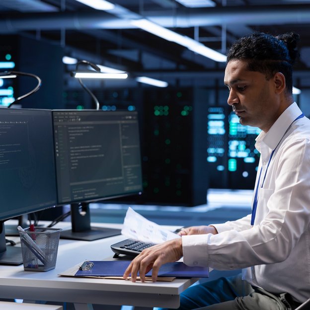 Person arbeitet an einem Schreibtisch mit zwei Monitoren in einem modernen Büro mit Servern im Hintergrund.