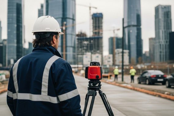 Baustellenvermessung im urbanen Raum Ingenieur mit Vermessungsgerät auf einer städtischen Großbaustelle