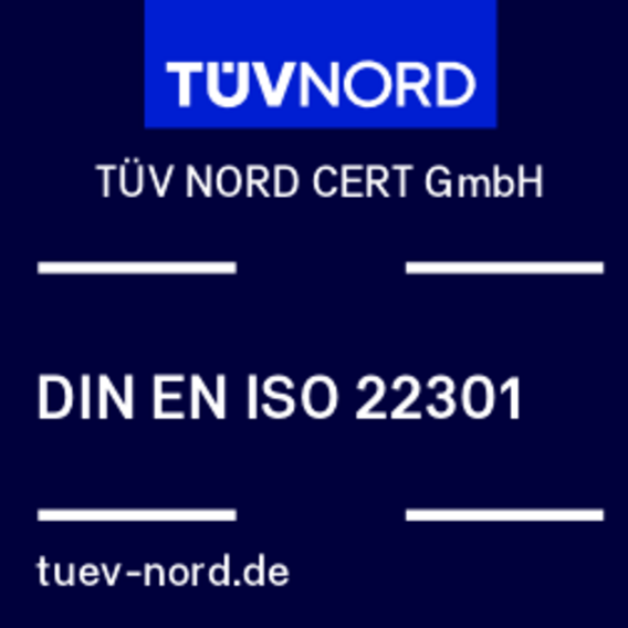 DIN EN ISO 22301 test mark from TÜV NORD CERT GmbH
