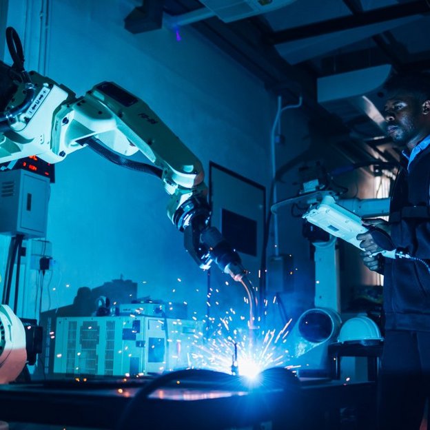 Links ein Industrieroboter und rechts ein Mitarbeiter mit einem technischen Gerät in den Händen