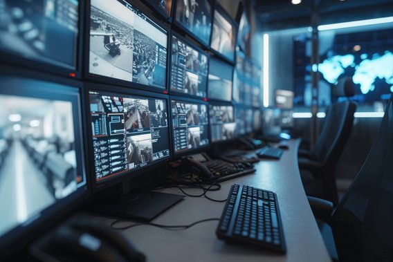 Überwachungsraum mit mehreren Bildschirmen, die Live-Feeds und Daten anzeigen.