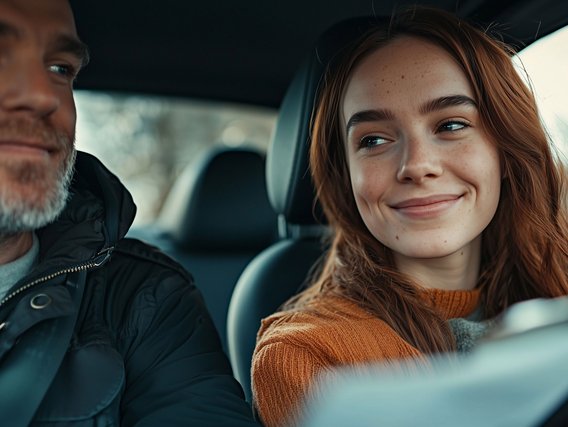 Praktische Führerscheinprüfung im Auto Fahrschüler und Fahrlehrer im Auto während der Führerscheinprüfung