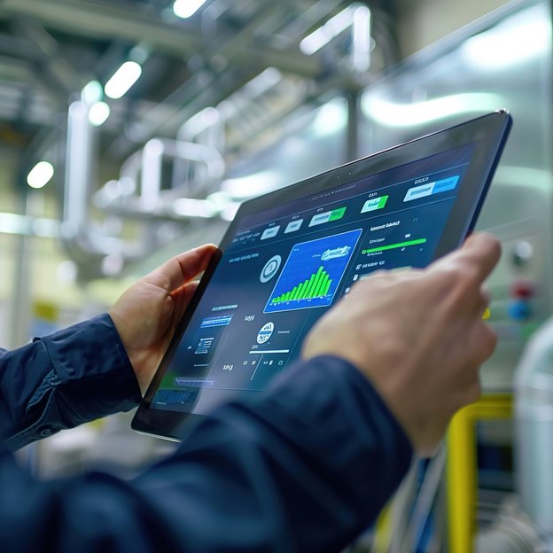 Digitale Analyse von Energieeffizienz in Industrieanlagen Person analysiert Energieverbrauch und Effizienzkennzahlen auf einem Tablet in einer Industrieumgebung